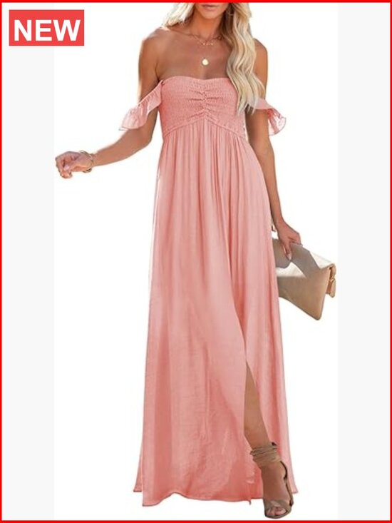 Dresses & Skirts - Smocked Off Shoulder Ruffle Maxi Dress Side Slit